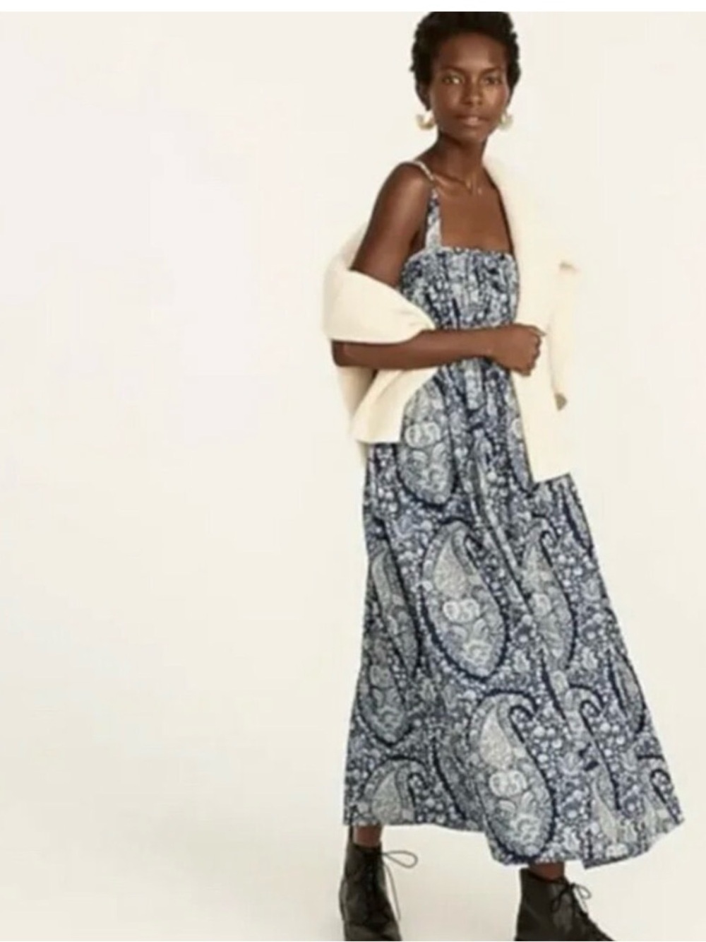 NEW J Crew 2 gathered blue cotton poplin square neck midi dress shabby chic boho